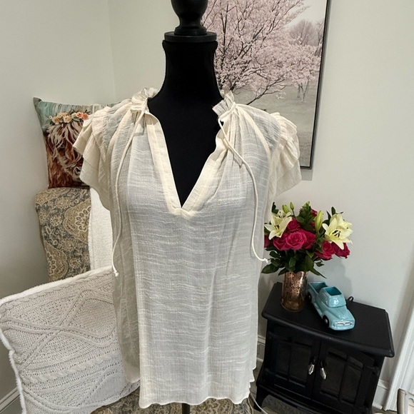 Cream Puff Sleeve Blouse with Ruffled Tie Front - Picture 1 of 7